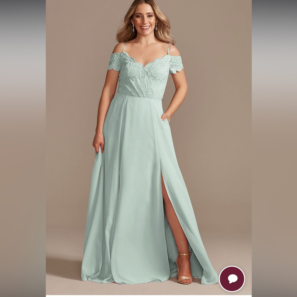 David's Bridal Light Blue Off-Shoulder Wedding Dress